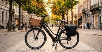 Bicicleta Elétrica Duos Confort 800W Aro 26 em rua urbana durante o entardecer