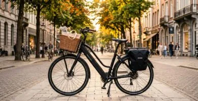 Bicicleta Elétrica Duos Confort 800W Aro 26 em rua urbana durante o entardecer