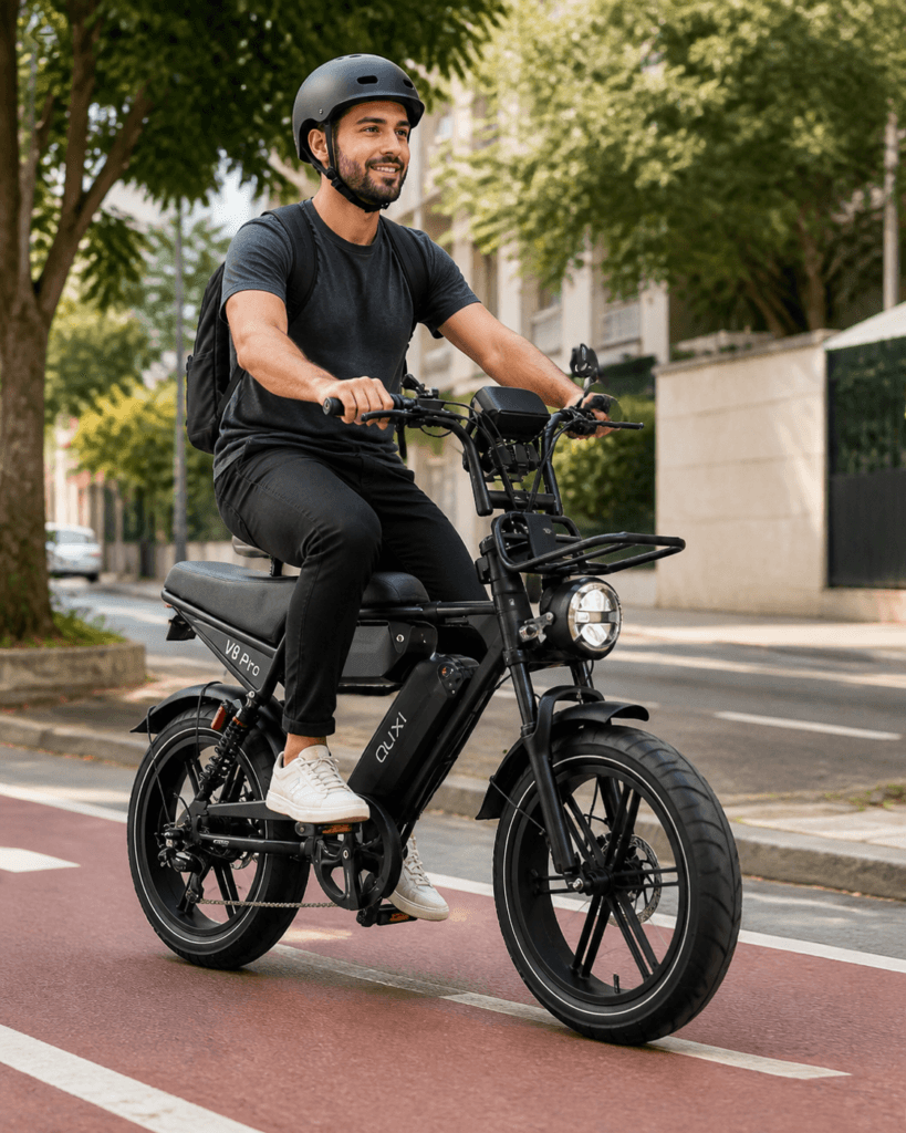 Bicicleta Elétrica OUXI V8 Pro 1000W estilo scrambler em uso