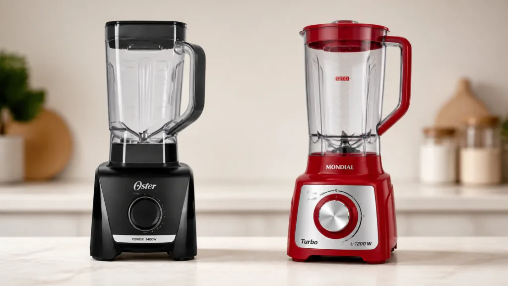 Comparativo entre o liquidificador Oster 1400 Full preto e o Mondial Turbo Inox L-1200 vermelho lado a lado na bancada de cozinha