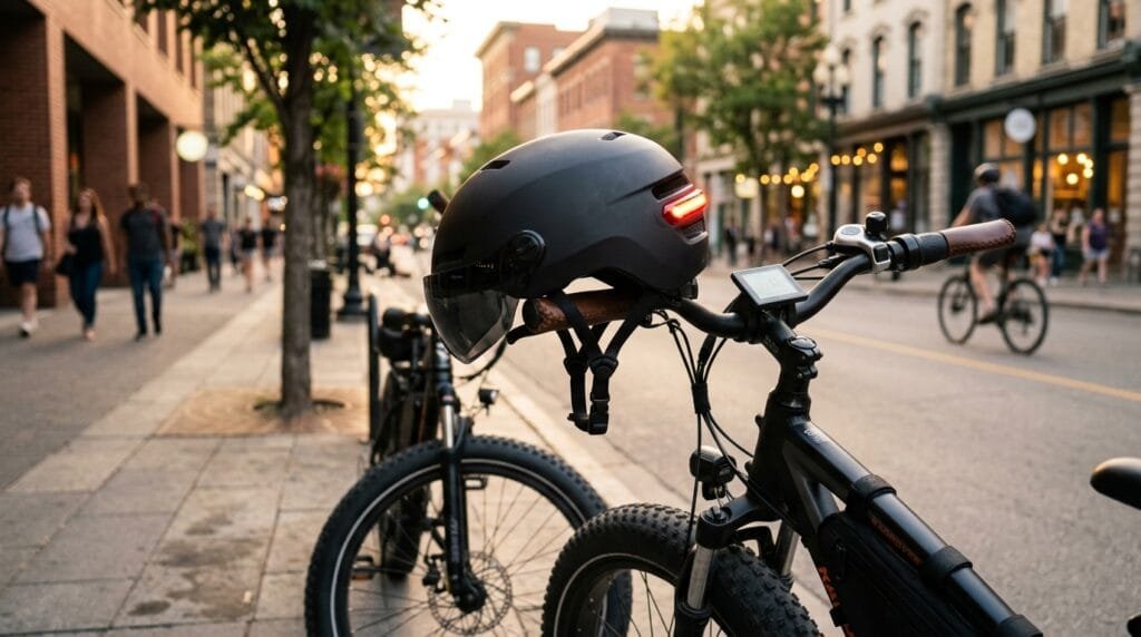 Melhores capacetes para bike eletrica: modelo com viseira magnética e LED em guidão de fat bike