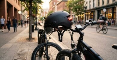 Melhores capacetes para bike eletrica: modelo com viseira magnética e LED em guidão de fat bike