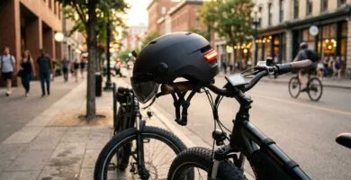 Melhores capacetes para bike eletrica: modelo com viseira magnética e LED em guidão de fat bike