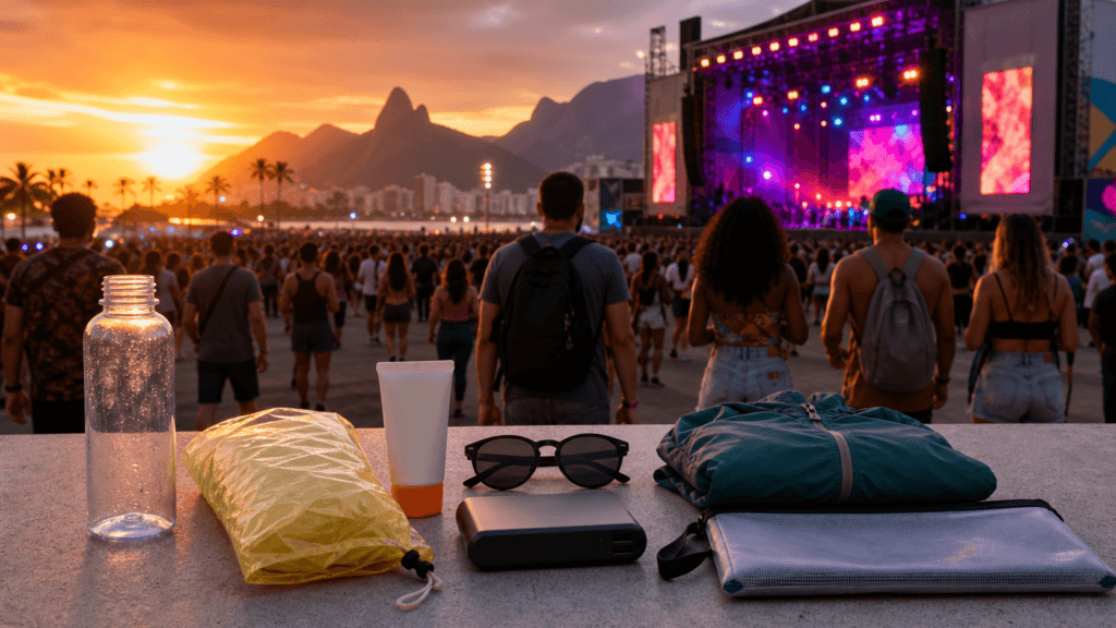 Itens essenciais para levar a um festival de música no Rio de Janeiro, com palco e público ao fundo.