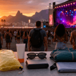 Itens essenciais para levar a um festival de música no Rio de Janeiro, com palco e público ao fundo.
