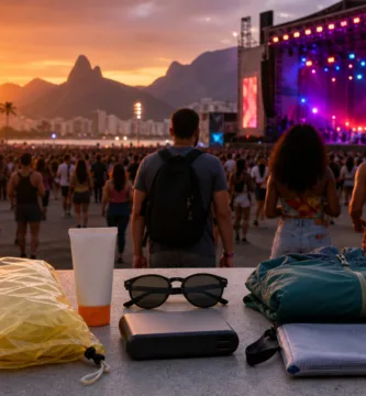 Itens essenciais para levar a um festival de música no Rio de Janeiro, com palco e público ao fundo.