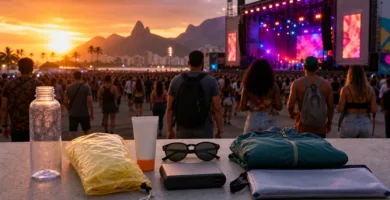Itens essenciais para levar a um festival de música no Rio de Janeiro, com palco e público ao fundo.