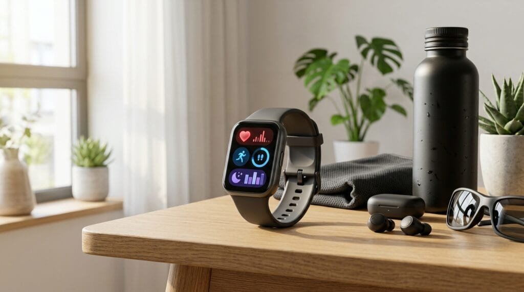 Samsung Galaxy Fit 3 smartband com tela AMOLED em mesa com fones e garrafa de treino