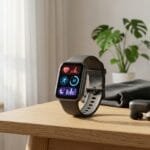 Samsung Galaxy Fit 3 smartband com tela AMOLED em mesa com fones e garrafa de treino