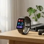 Samsung Galaxy Fit 3 smartband com tela AMOLED em mesa com fones e garrafa de treino