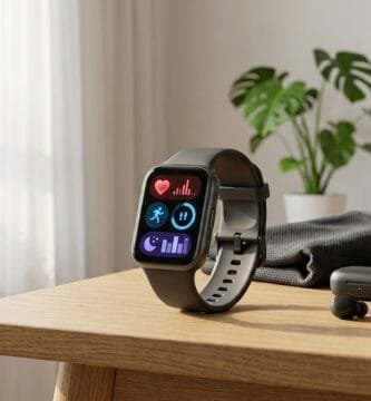 Samsung Galaxy Fit 3 smartband com tela AMOLED em mesa com fones e garrafa de treino