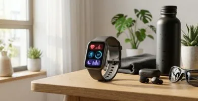Samsung Galaxy Fit 3 smartband com tela AMOLED em mesa com fones e garrafa de treino