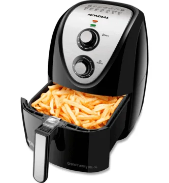Fritadeira Elétrica Air Fryer Mondial Grand Family 5L AFN-50 preta com acabamento frontal em aço inox e cesto quadrado Duraflon