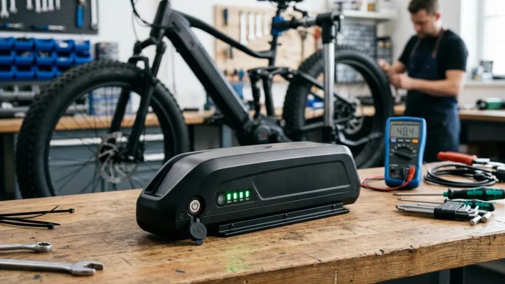 Bateria para bicicleta eletrica 48v de litio tipo Hailong em bancada de oficina com multimetro