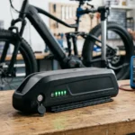 Bateria para bicicleta eletrica 48v de litio tipo Hailong em bancada de oficina com multimetro