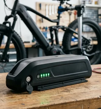 Bateria para bicicleta eletrica 48v de litio tipo Hailong em bancada de oficina com multimetro