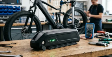 Bateria para bicicleta eletrica 48v de litio tipo Hailong em bancada de oficina com multimetro