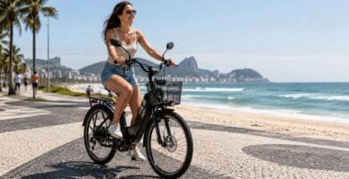 Mulher pedalando bicicleta elétrica Duos Confort 800W com cesto dianteiro na orla urbana