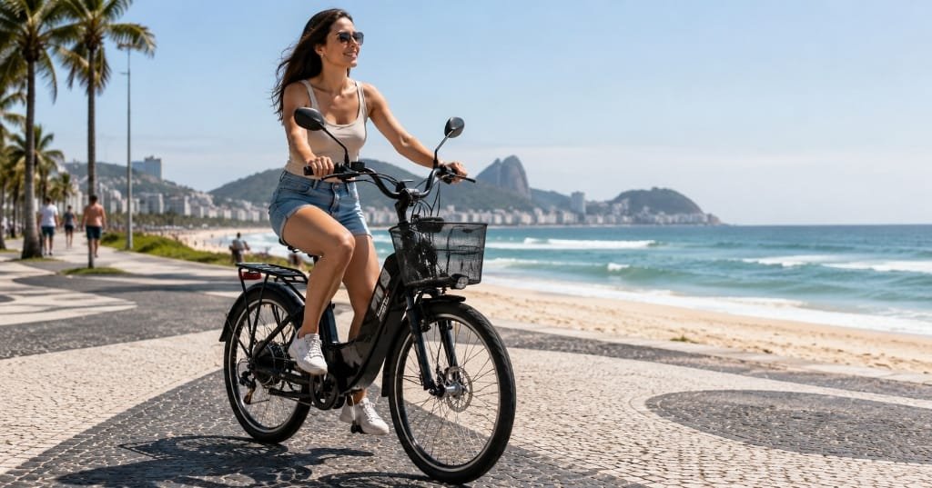 Mulher pedalando bicicleta elétrica Duos Confort 800W com cesto dianteiro na orla urbana