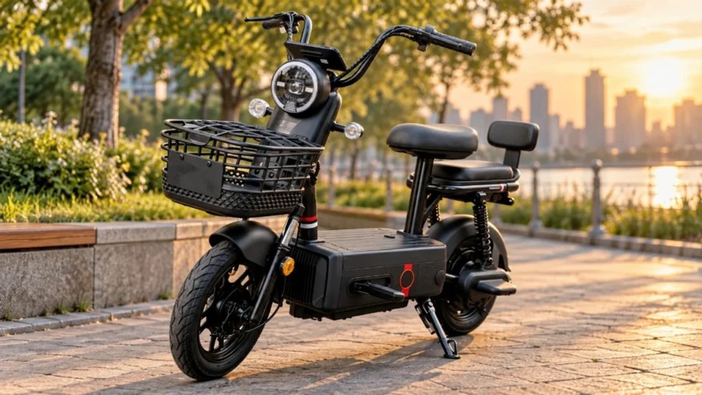 Bicicleta Elétrica Nado C2 1000W scooter preta em cenário urbano ao entardecer