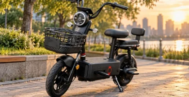 Bicicleta Elétrica Nado C2 1000W scooter preta em cenário urbano ao entardecer