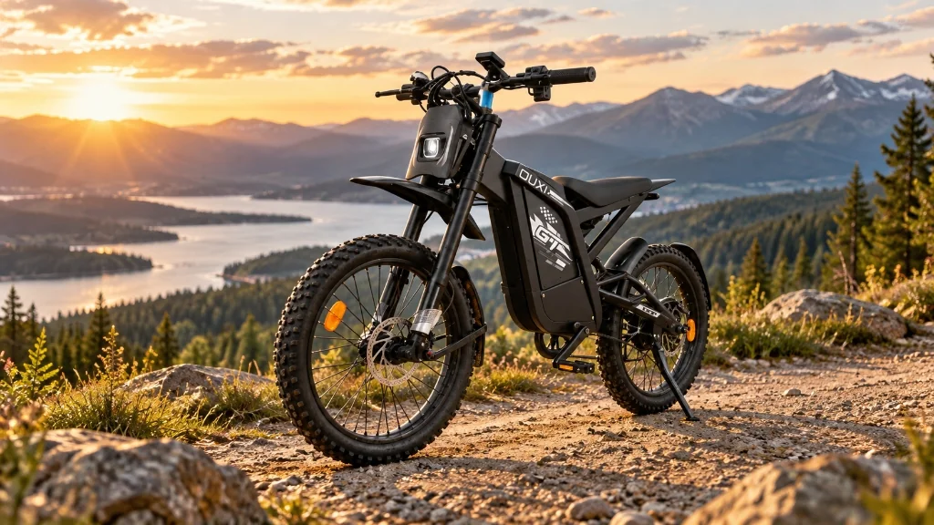 Bicicleta Elétrica Ouxi GT2000 1000W 48V 30Ah com aro 24 fat off-road em trilha de montanha ao pôr do sol