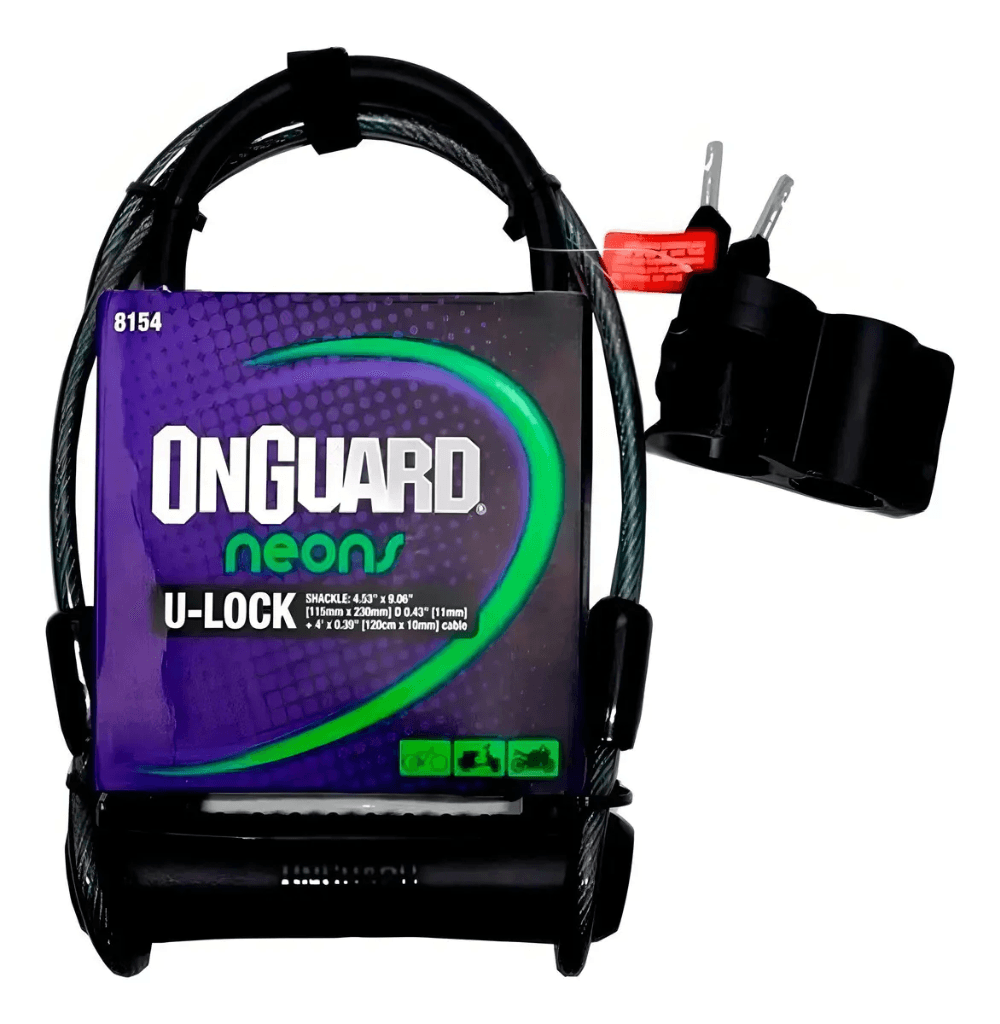 Cadeado U-Lock Onguard Neon 8154 em aco temperado com cabo extensor flexivel e suporte oficial