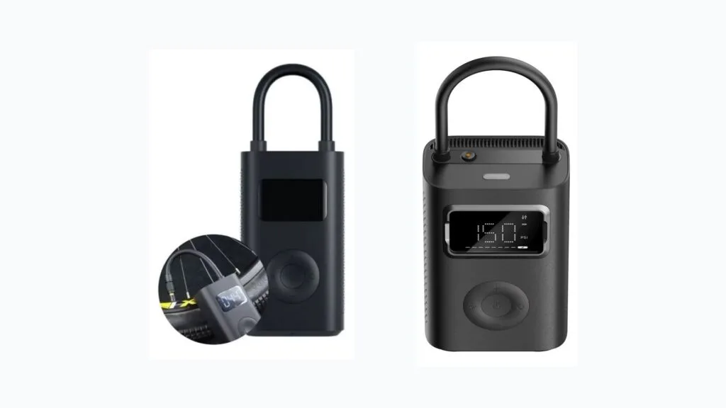 Compressores de ar elétricos portáteis Xiaomi 2 e Xiaomi 2 Pro lado a lado para calibragem de pneus