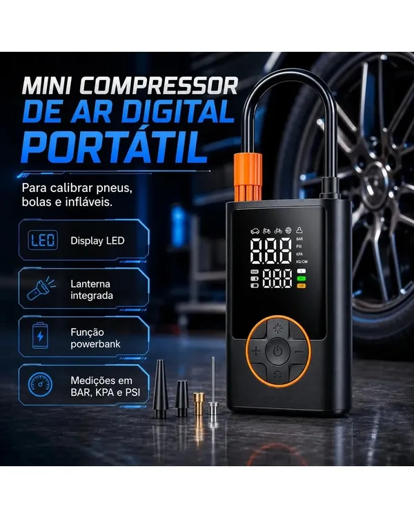 Compressor portátil Car Air Pump Verunto digital com visor LCD duplo e porta USB para power bank