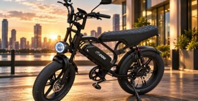 Bicicleta elétrica Inow V40 Pro 1000W preta com pneus fat, bateria removível e farol dianteiro de LED em calçadão urbano ao pôr do sol