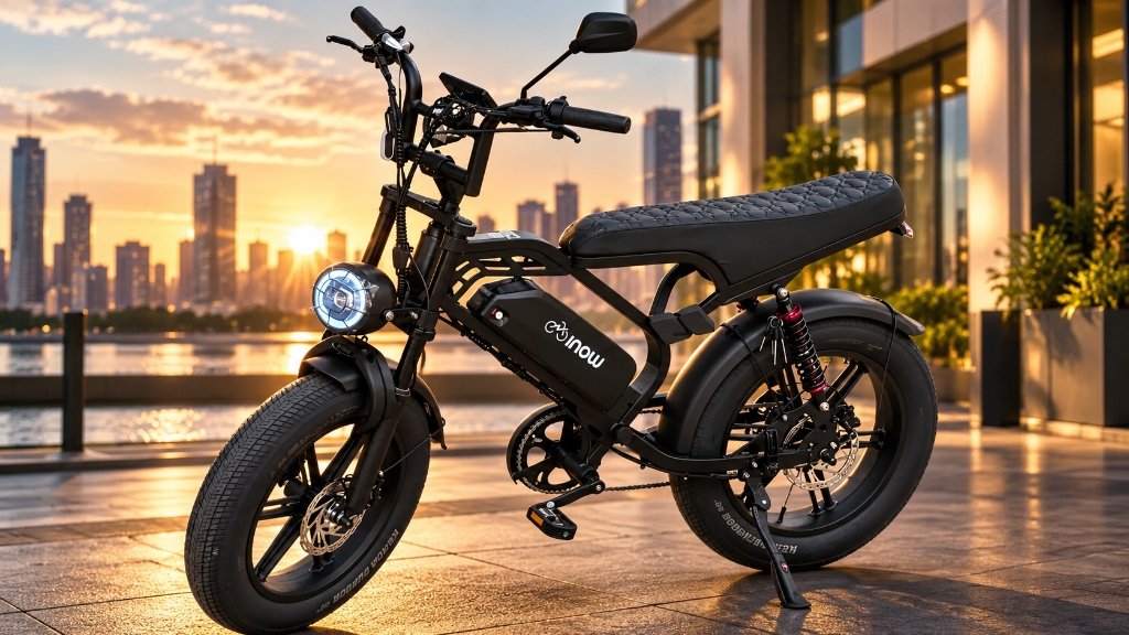 Bicicleta elétrica Inow V40 Pro 1000W preta com pneus fat, bateria removível e farol dianteiro de LED em calçadão urbano ao pôr do sol