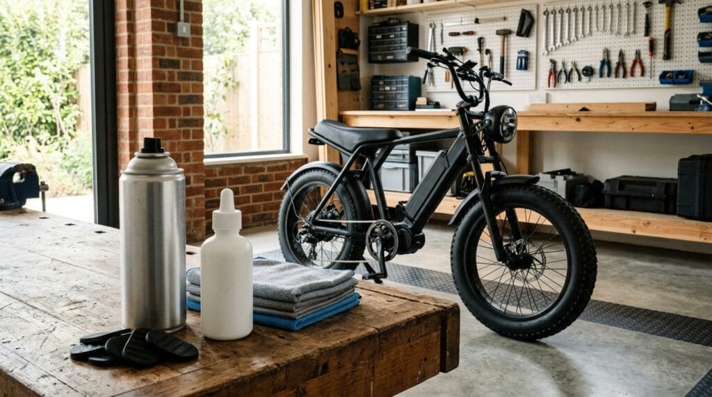 Bicicleta fat bike eletrica preta em oficina com produtos de manutencao spray silicone e cera de corrente