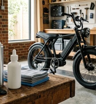 Bicicleta fat bike eletrica preta em oficina com produtos de manutencao spray silicone e cera de corrente
