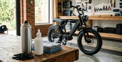 Bicicleta fat bike eletrica preta em oficina com produtos de manutencao spray silicone e cera de corrente