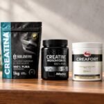 Top 5 melhores creatinas monohidratadas aprovadas em laudo laboratorial: Dark Lab, Soldiers Nutrition, Atlhetica Nutrition, Creafort Vitafor e Growth Supplements alinhadas lado a lado