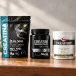 Top 5 melhores creatinas monohidratadas aprovadas em laudo laboratorial: Dark Lab, Soldiers Nutrition, Atlhetica Nutrition, Creafort Vitafor e Growth Supplements alinhadas lado a lado