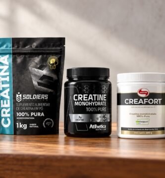 Top 5 melhores creatinas monohidratadas aprovadas em laudo laboratorial: Dark Lab, Soldiers Nutrition, Atlhetica Nutrition, Creafort Vitafor e Growth Supplements alinhadas lado a lado