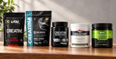 Top 5 melhores creatinas monohidratadas aprovadas em laudo laboratorial: Dark Lab, Soldiers Nutrition, Atlhetica Nutrition, Creafort Vitafor e Growth Supplements alinhadas lado a lado
