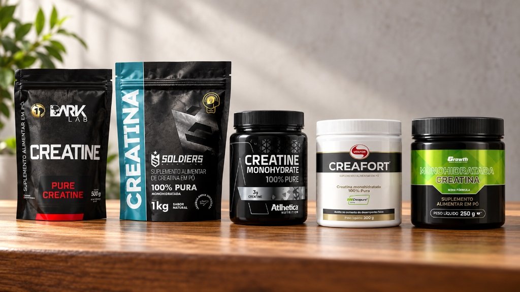 Top 5 melhores creatinas monohidratadas aprovadas em laudo laboratorial: Dark Lab, Soldiers Nutrition, Atlhetica Nutrition, Creafort Vitafor e Growth Supplements alinhadas lado a lado