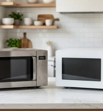 Melhores micro-ondas de 2026: modelos modernos em aço inox e branco sobre bancada de cozinha