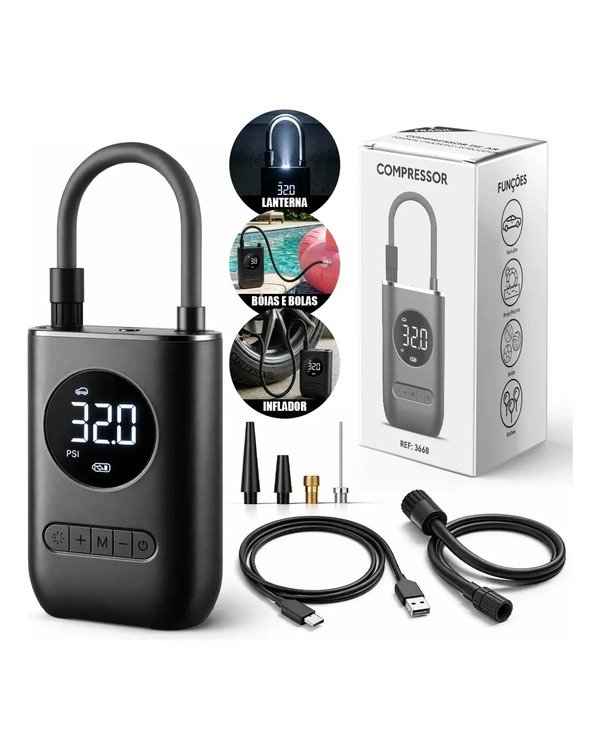 Mini compressor de ar digital portátil Lumi USB-C preto com tela LCD e lanterna integrada