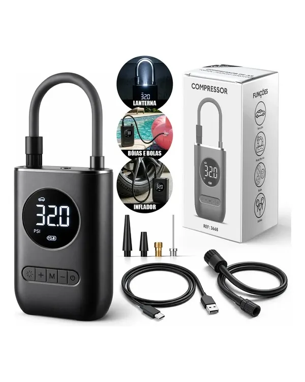 Mini compressor de ar digital portátil Lumi USB-C preto com tela LCD e lanterna integrada