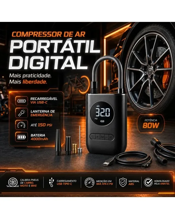 Mini compressor de ar portátil B&G modelo CZK-3668 preto com visor digital LCD