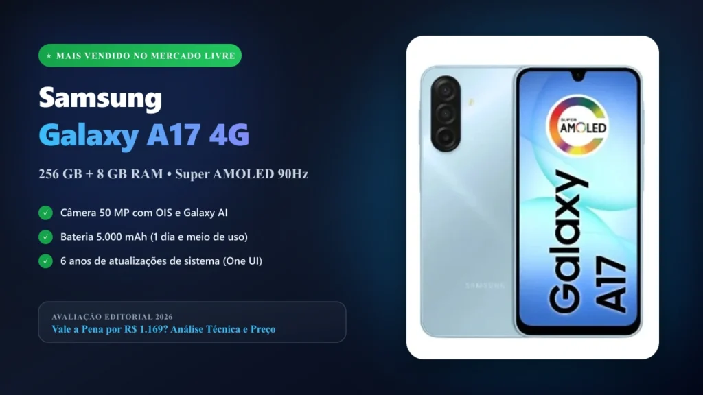 Capa com Samsung Galaxy A17 4G azul em destaque e especificações principais
