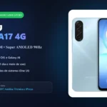 Capa com Samsung Galaxy A17 4G azul em destaque e especificações principais