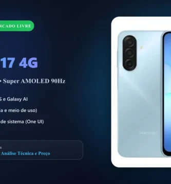 Capa com Samsung Galaxy A17 4G azul em destaque e especificações principais