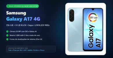 Capa com Samsung Galaxy A17 4G azul em destaque e especificações principais
