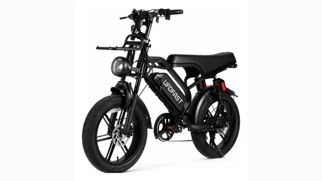 Bicicleta Elétrica Fat Bike UFO Fast VL20 1000W aro 20 em destaque com bagageiro e suspensão dupla