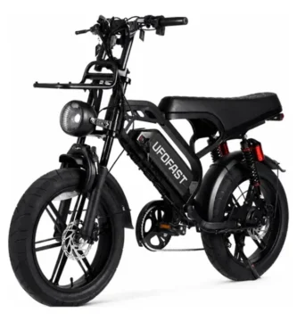Bicicleta Elétrica Fat Bike UFO Fast VL20 1000W aro 20 em destaque com bagageiro e suspensão dupla