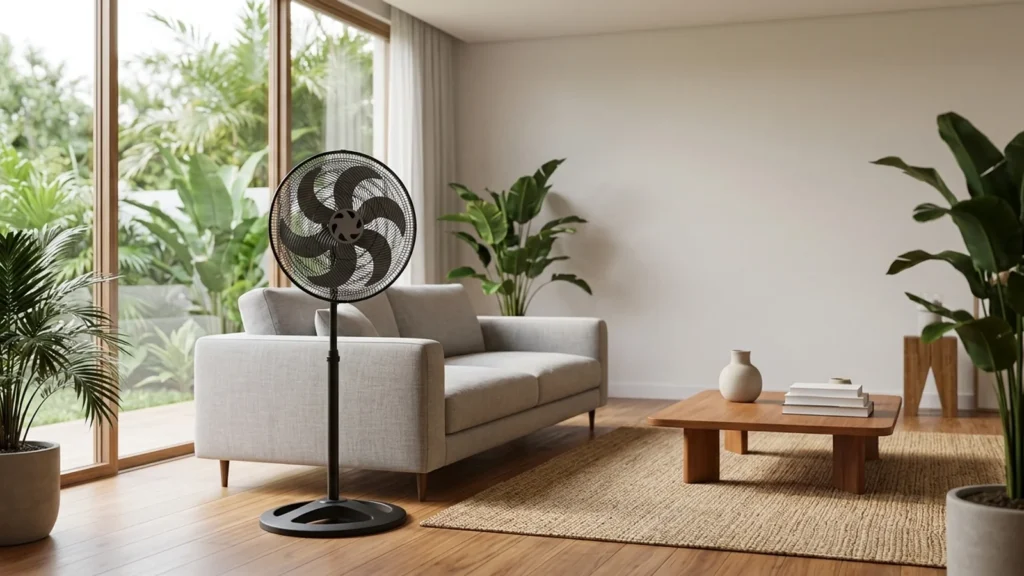 Ventilador de coluna Ventisol Turbo 6 50cm preto com 6 pás em sala de estar moderna